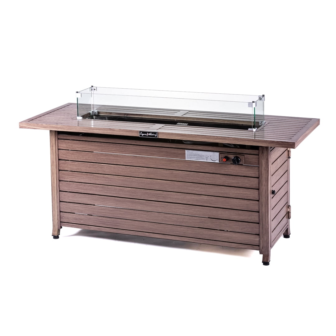 Legacy Heating Rectangular Fire Table with Glass Wind Guard, with Cover and Table Lid, Nature Wood Coating (Aluminum)