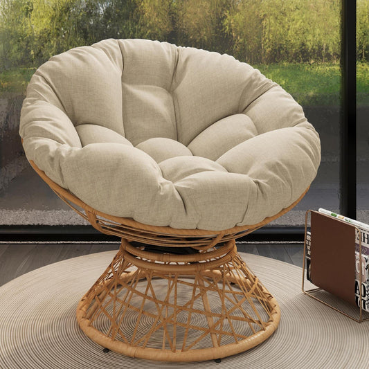 Leumius 40" Papasan Chair, Ergonomic Wicker Chair with Cloud Thick Density Fabric Cushion, Fluid 360 Degree Swivel for Reading,Living Room, Bedroom,Lounge,Gray Base, Beige+Natural Wood