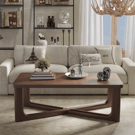 MAYEERTY Modern Collection Mid-Century Style Wood Coffee Table with L+X-Shaped Structure, Walnut