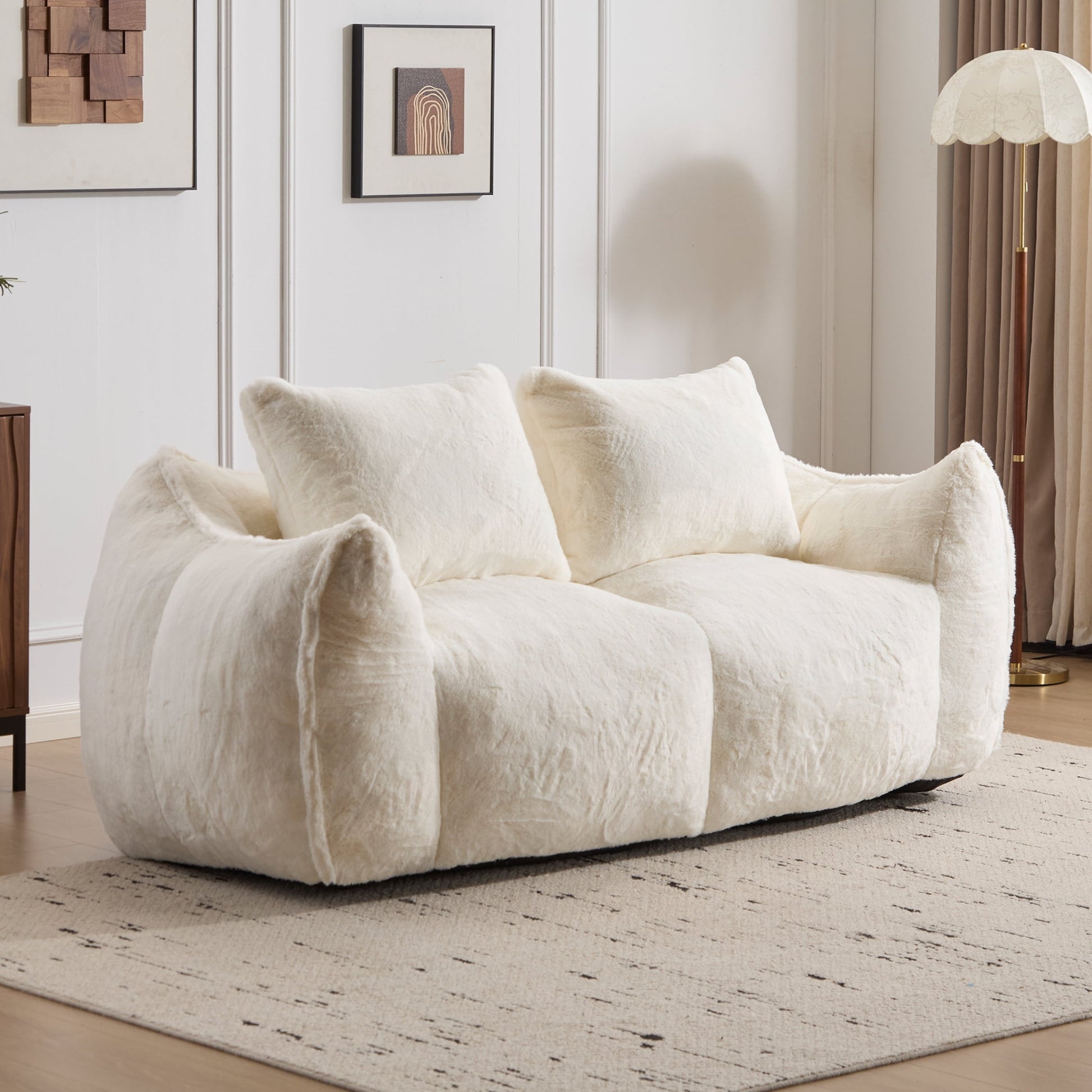 Miniyam Oversized Faux Fur Bean Bag Sofa Couch with Pillows, Fluffy Foam-Filled 2-Seater Loveseat Lounge Chair, 600 lbs Capacity, Beige