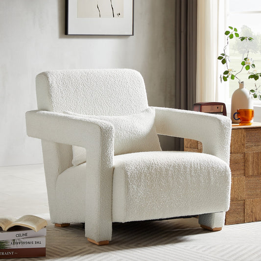 Modern Leisure Chair with Sleek Armrests, Lumbar Support & Wooden Block Legs, White