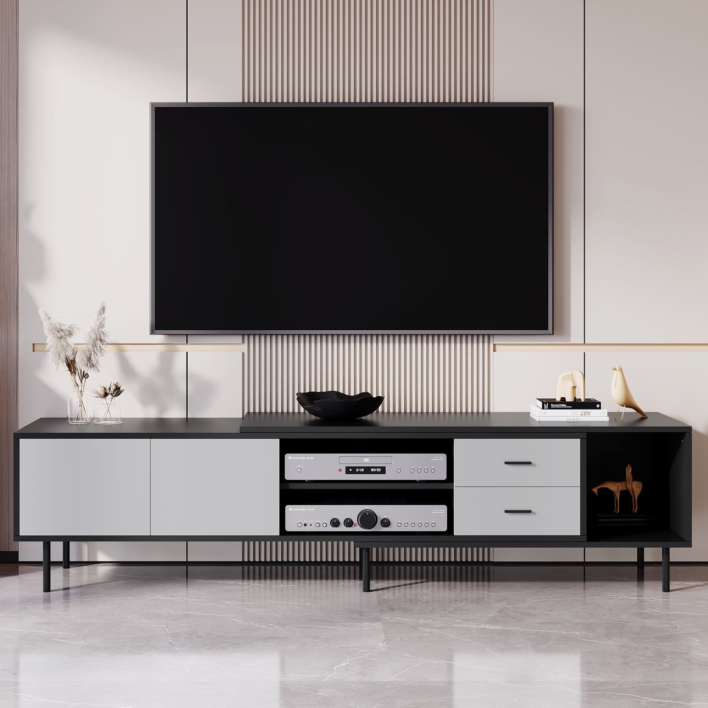 Modern TV Stand for 80'' TV with 2 Doors, Media Console Table with Large Storage Cabinet for Living Room, Bedroom