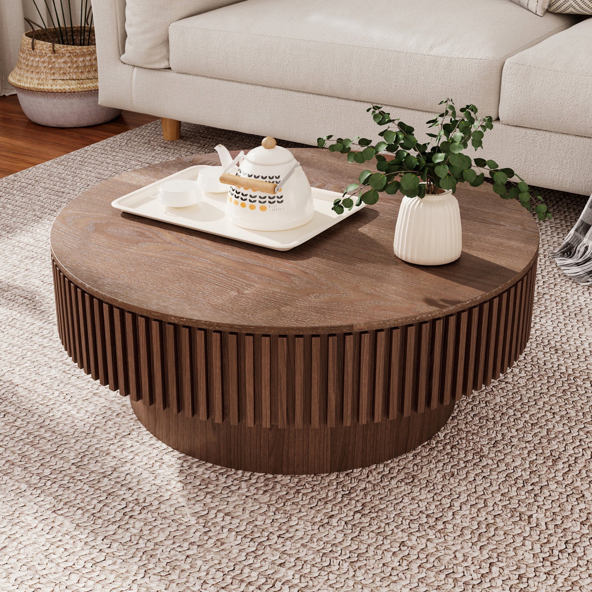Noble House Leigh 31.5'' Round Modern Coffee Table with Hidden Storage, Solid Wood Veneer, Accent Tea Table, Walnut