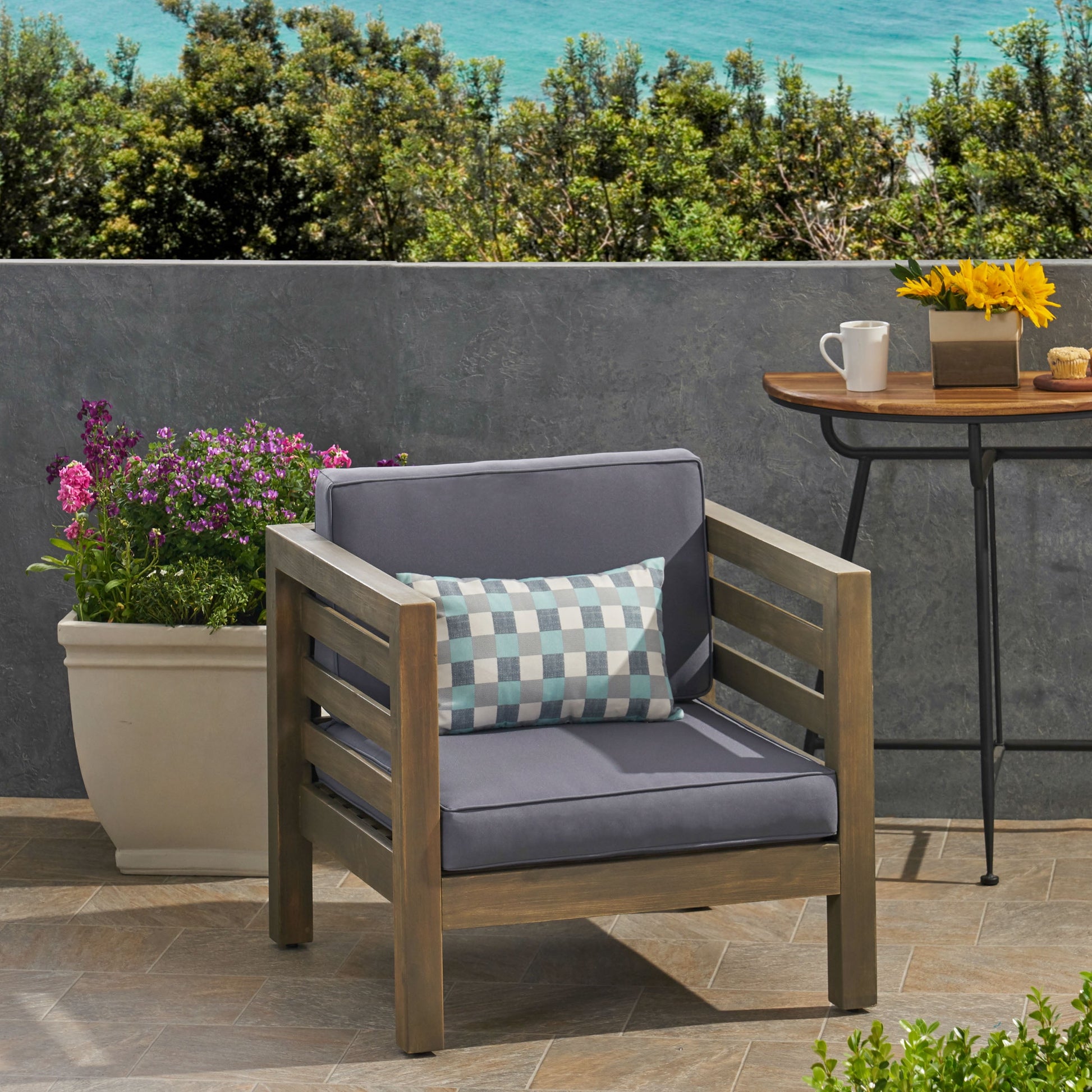 Noble House Oana Outdoor Acacia Wood Club Chair in Gray and Dark Gray