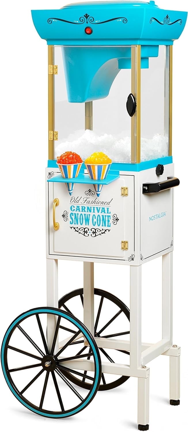Nostalgia Retro Snow Cone Cart Slushie Machine & Shaved Ice Maker, White Blue
