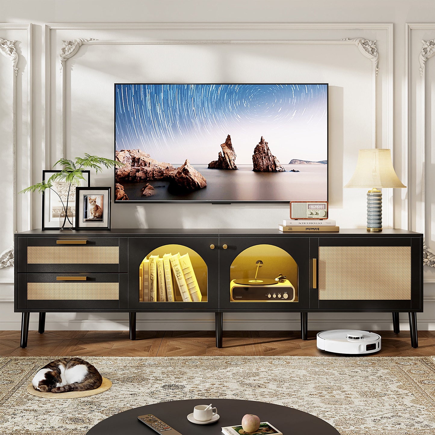 PORKISS LED TV Stand for up to 80" TVs, Large Entertainment Center Console Table, Rattan TV Cabinet with Acrylic Transparent Board for Living Room, Black #1