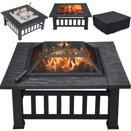 Renwick Outdoor 32'' Square Metal Fire Pit with Cover and Poker, Black
