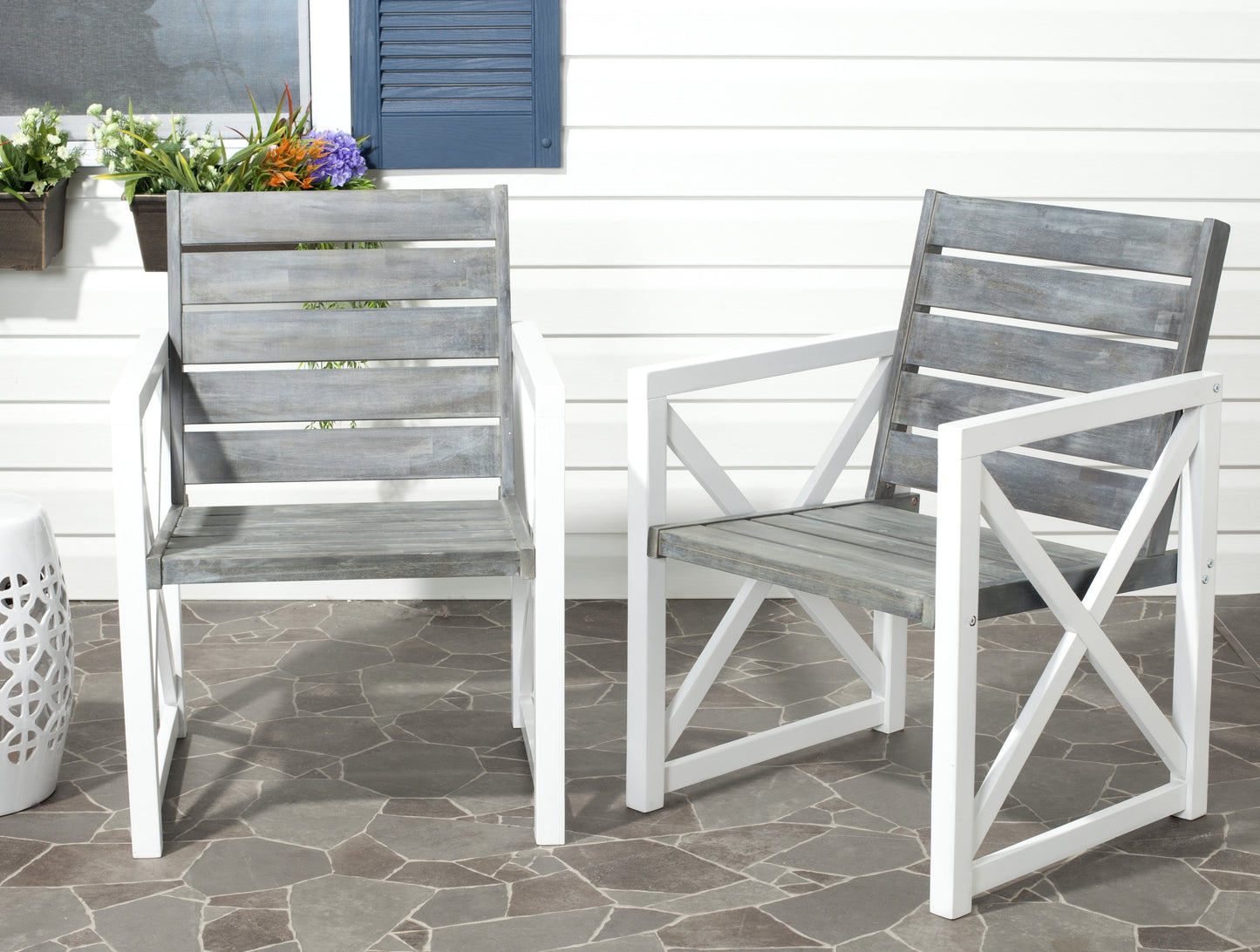 SAFAVIEH Irina Outdoor Patio Acacia Armchair, White/Ash Grey, Set of 2