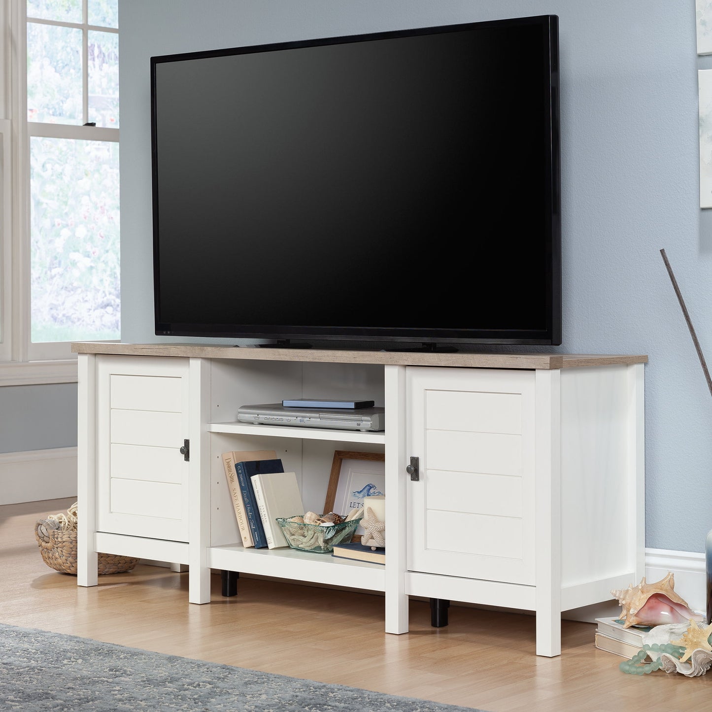 Sauder Cottage Road TV Credenza with Door for TV's up to 65", Soft White Finish