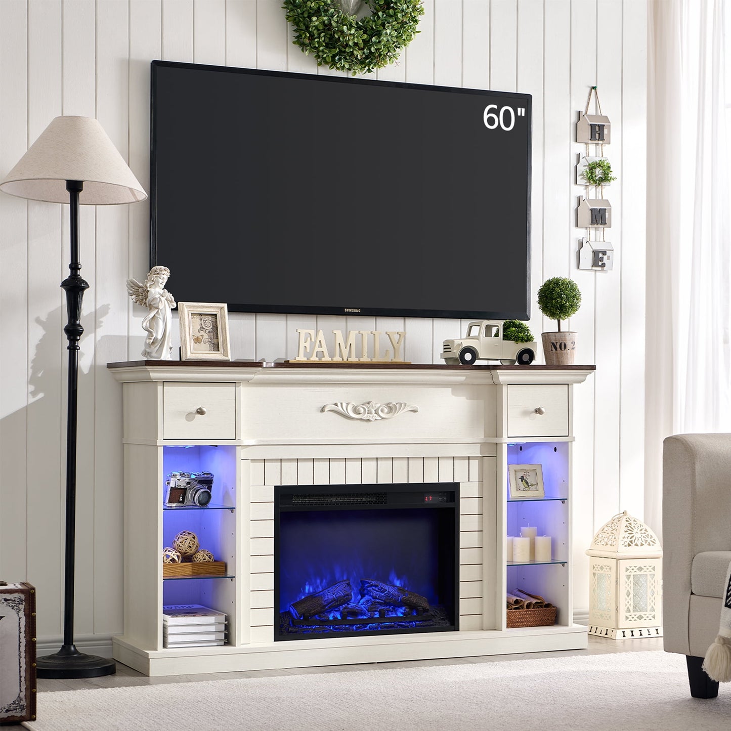 SinCiDo Fireplace TV Stand for 60 Inch, Farmhouse LED Entertainment Center w/7 Color for Living Room