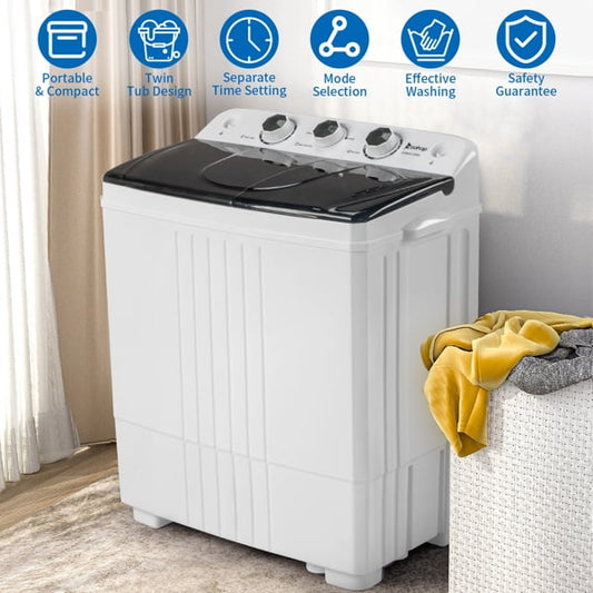 Twin Tub with Built-in Drain Pump XPB45-428S 20Lbs Semi-automatic Twin Tube Washing Machine for Apartment, Dorms, RVs, Camping and More, White&Black US Standard