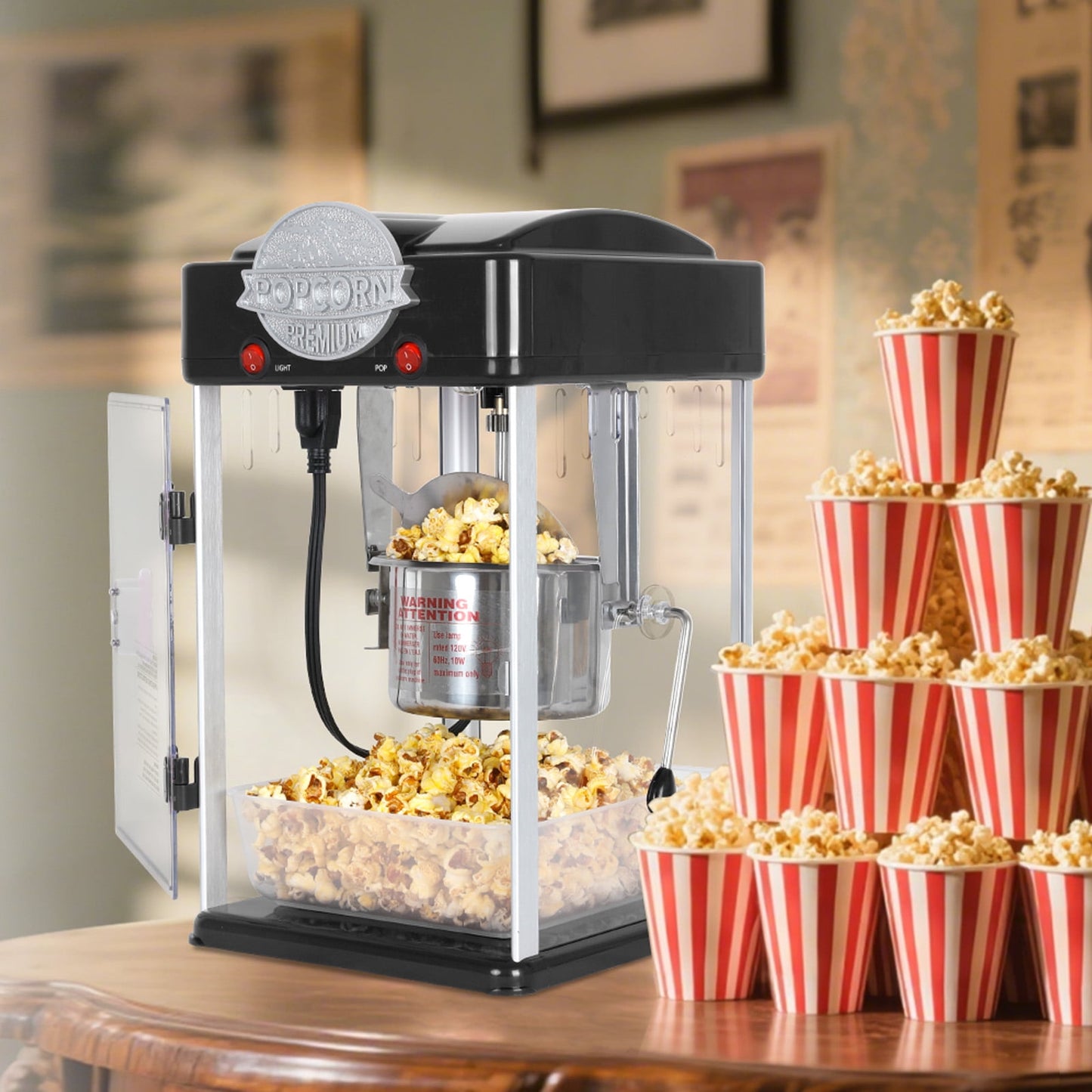 Yoneston 6 oz Commercial Popcorn Machine, 600W Countertop Popcorn Maker, Container Produces 2 Gallon per Cycle, Comes with 3 Ladles, Black