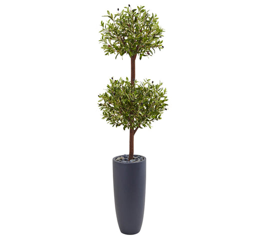 6' Olive Double Tree in Cylinder Planter by Nearly Natural