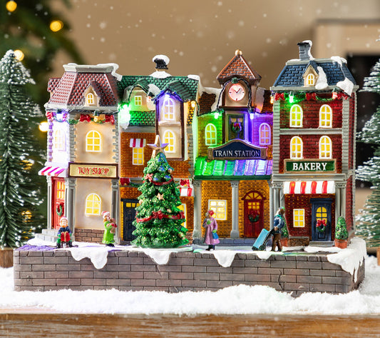 Glitzhome 14"L Lighted Music Christmas Train Station Village